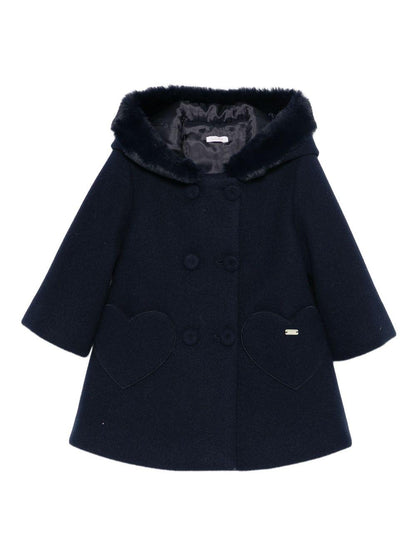 le bebe' cappotto con cappuccio bordato in ecopelliccia e particolare tasca a forma di cuore LBG6156BL LE BEBE'