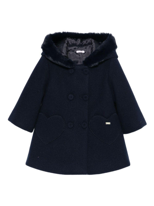 le bebe' cappotto con cappuccio bordato in ecopelliccia e particolare tasca a forma di cuore LBG6156BL LE BEBE'
