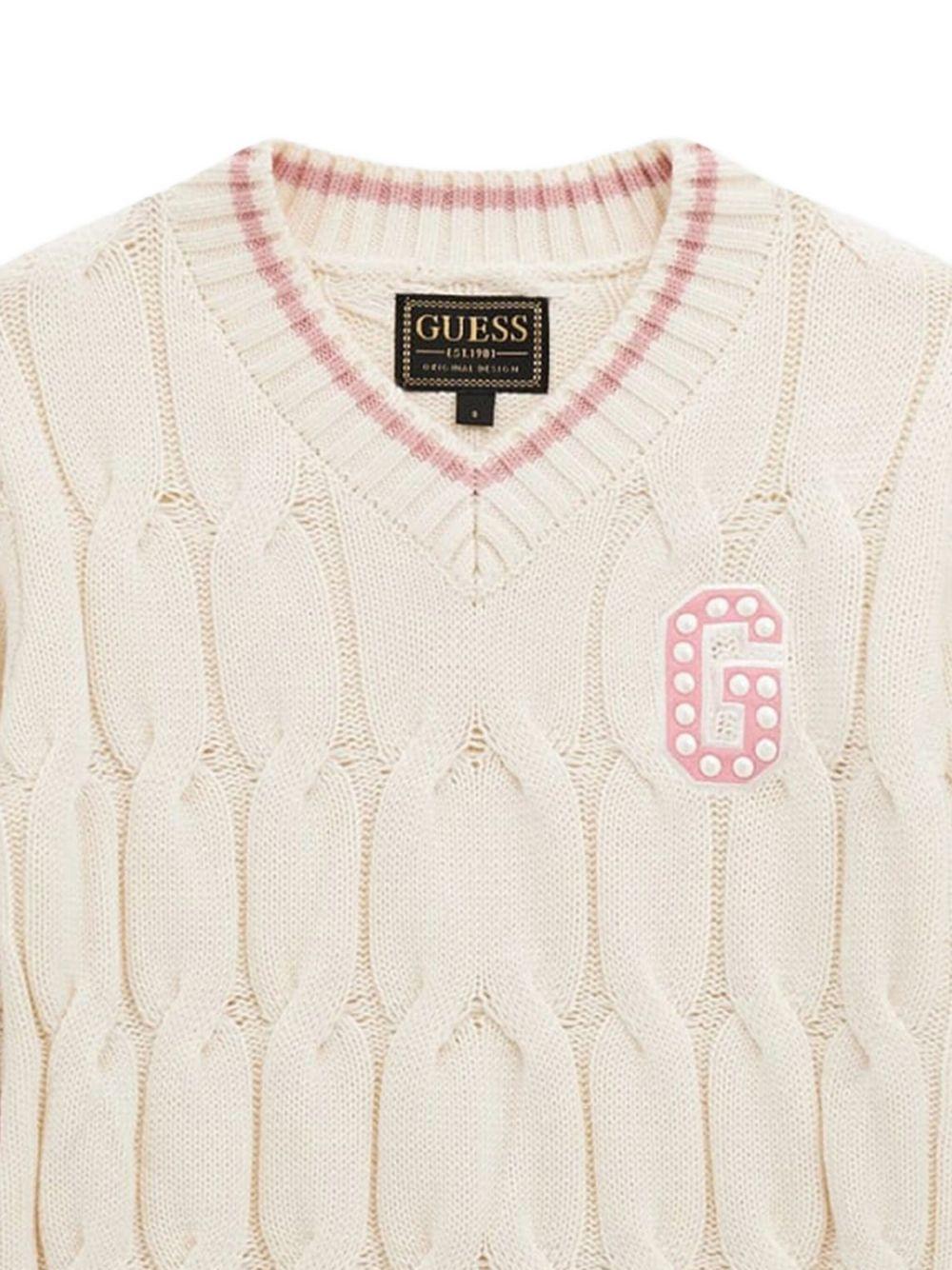 guess abito in maglia a treccia con scollo a v e lettera logo con applicazioni perle J5BK18Z37L1G012 guess