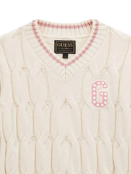 guess abito in maglia a treccia con scollo a v e lettera logo con applicazioni perle J5BK18Z37L1G012 guess