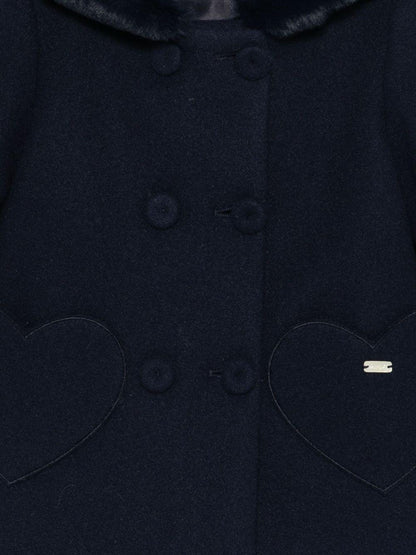 le bebe' cappotto con cappuccio bordato in ecopelliccia e particolare tasca a forma di cuore LBG6156BL LE BEBE'