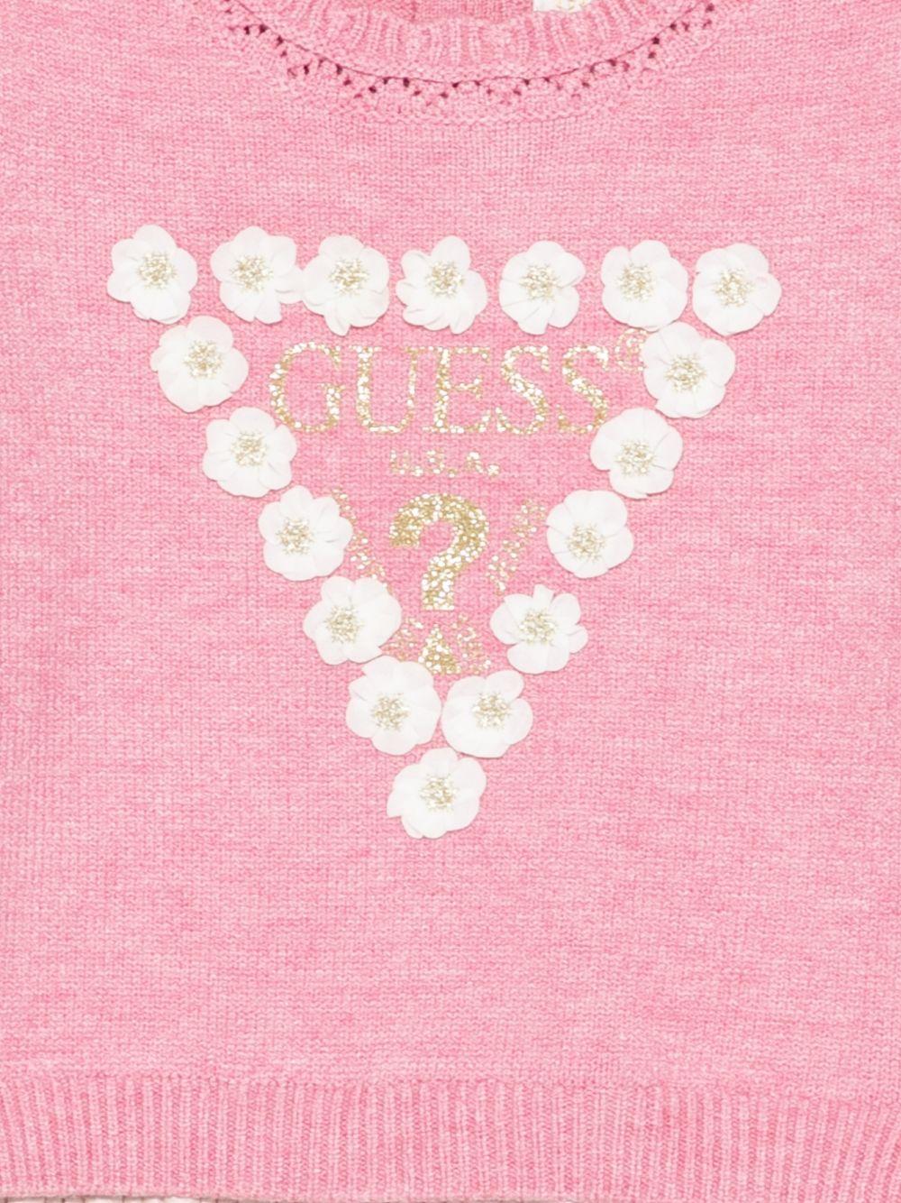 guess abito in maglia con gonna plisse con applicazioni fiori e scritta logo A5YK07Z3OS0F9CB guess