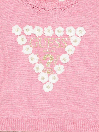 guess abito in maglia con gonna plisse con applicazioni fiori e scritta logo A5YK07Z3OS0F9CB guess